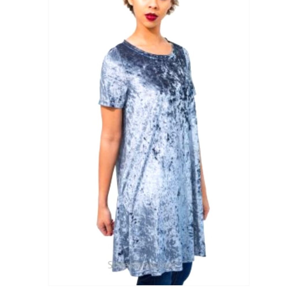 POL | Blue Crushed Velvet Short Sleeve Mini Swing Dress S